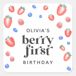 Berry First Birthday Strawberry Quadratischer Aufkleber