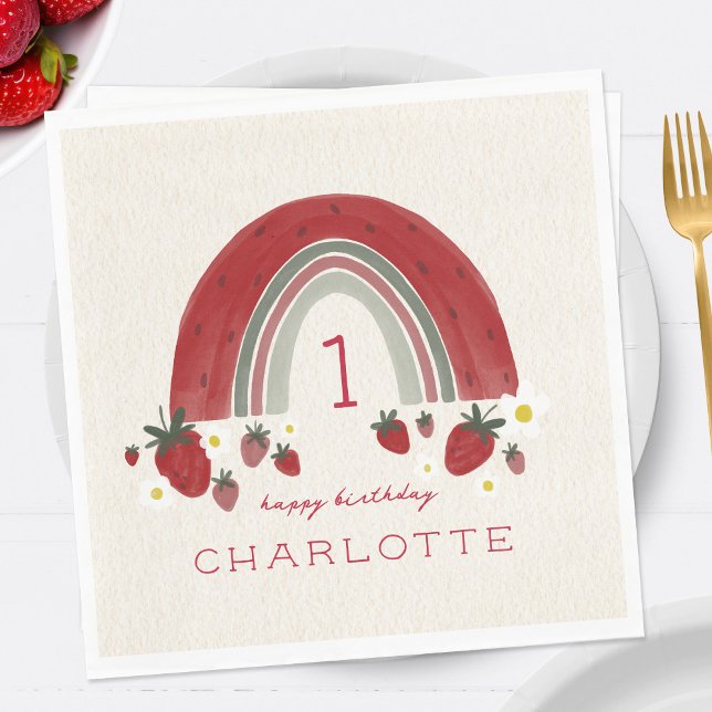 Berry First Birthday Strawberry Rainbow Floral Serviette (Von Creator hochgeladen)