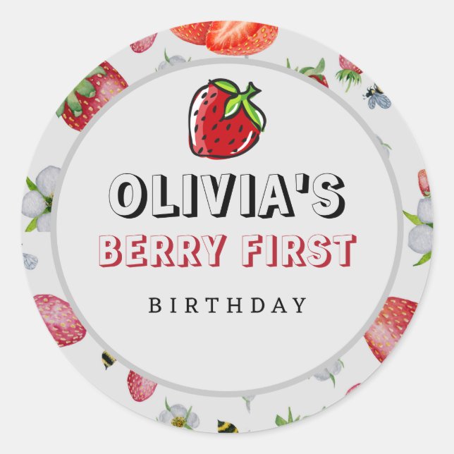 Berry First Birthday Strawberry Runder Aufkleber (Vorderseite)