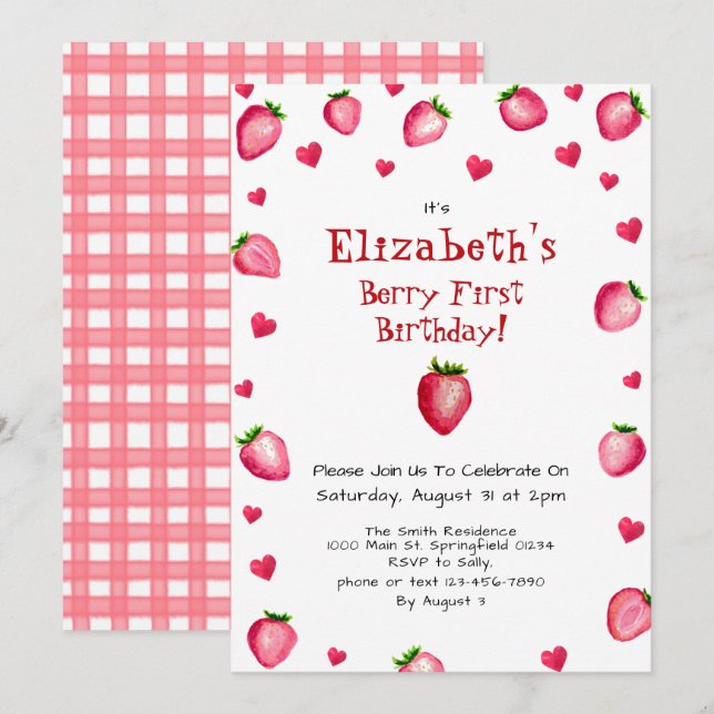 Berry First Birthday Strawberry Summer Gingham 1. Einladung (Vorne/Hinten)