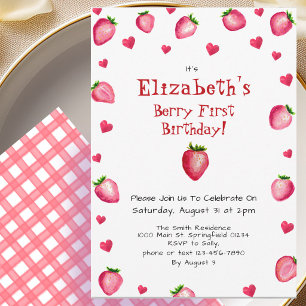 Berry First Birthday Strawberry Summer Gingham 1. Einladung