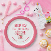 Berry First Birthday Teddy Bear Strawberry Pink bo