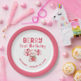Berry First Birthday Teddy Bear Strawberry Pink bo Pappteller