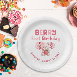 Berry First Birthday Teddy Bear Strawberry Pink Pappteller