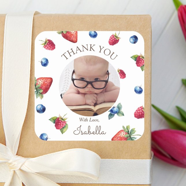 Berry First Birthday Vielen Dank Foto Quadratischer Aufkleber (Von Creator hochgeladen)