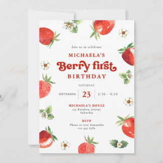 Berry First Birthday Watercolor Strawberries Einladung