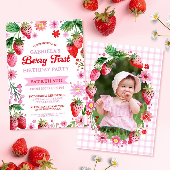 Berry First Birthday Watercolor Strawberries Foto Einladung (Berry First Birthday Watercolor Strawberries Photo Invitation)