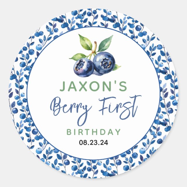 Berry First Blueberry 1. Geburtstag Party Runder Aufkleber (Vorderseite)