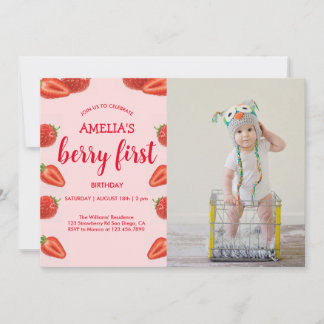 Berry First | Erdbeere 1. Geburtstag, rosa Foto Einladung