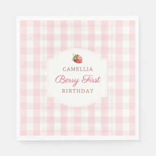Berry First Erdbeere Rosa Gingham Geburtstagsfeier Serviette
