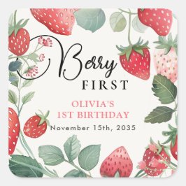 Berry First Floral 1. Geburtstag Quadratischer Aufkleber