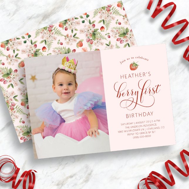 Berry First Photo Anniversaire Invitation (Pink Berry First Photo Birthday Invitation by Painted Paperie
)