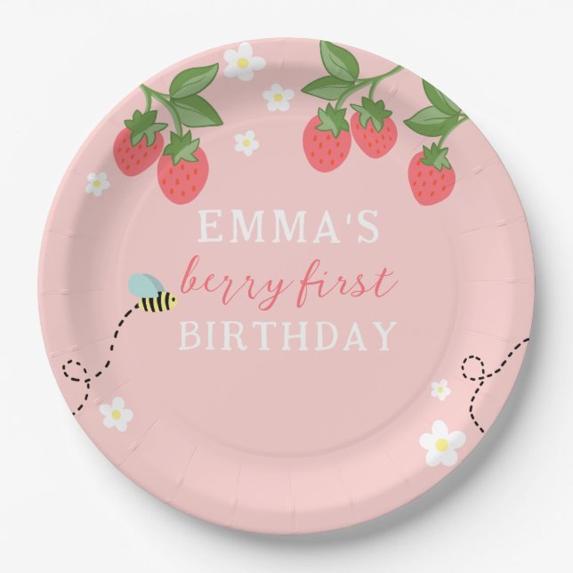 Berry First Pink Erdbeere und Blumen Pappteller (Vorderseite)