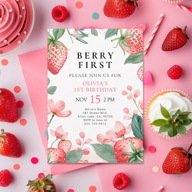 Berry First Pink Floral 1. Geburtstag Einladung (Von Creator hochgeladen)