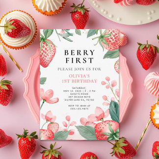 Berry First Pink Floral 1. Geburtstag Einladung