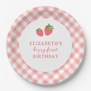Berry First Pink Strawberry Gingham Pappteller