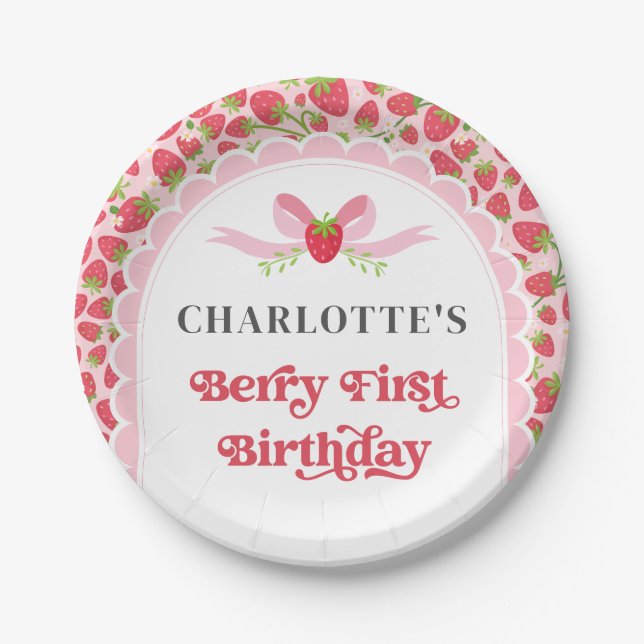 Berry First Strawberry 1. Geburtstag 7" Runde Pappteller (Vorderseite)