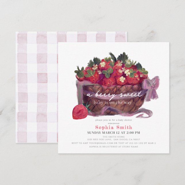 Berry First Strawberry Basket Baby Shower Einladung (Vorne/Hinten)
