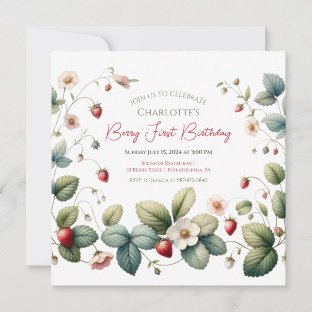 "Berry First" Strawberry Birthday Einladung (Vorderseite)