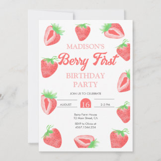 Berry First Strawberry Birthday Foto Einladung