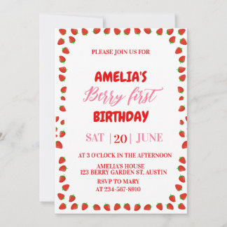 Berry First Strawberry Border Birthday Invitation 