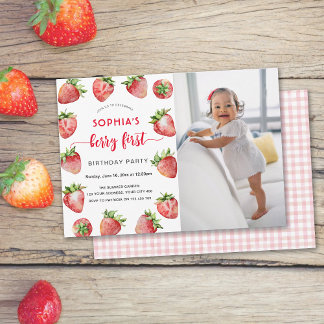 Berry First Strawberry Foto Baby Birthday Einladung
