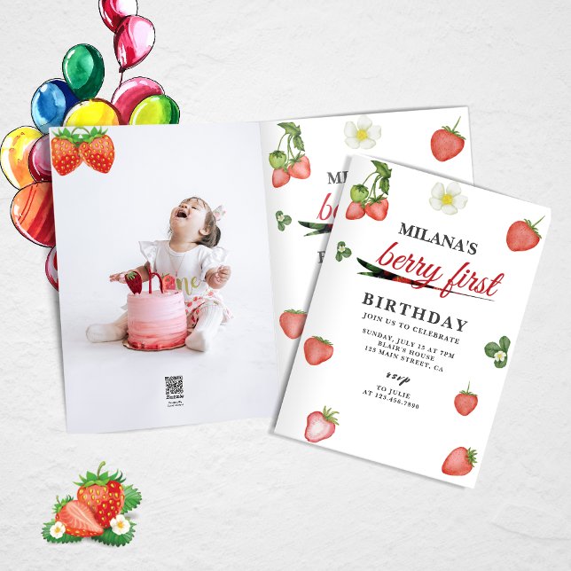 Berry First Strawberry Girl 1. Geburtstag Foto Einladung (Berry first strawberry birthday card)