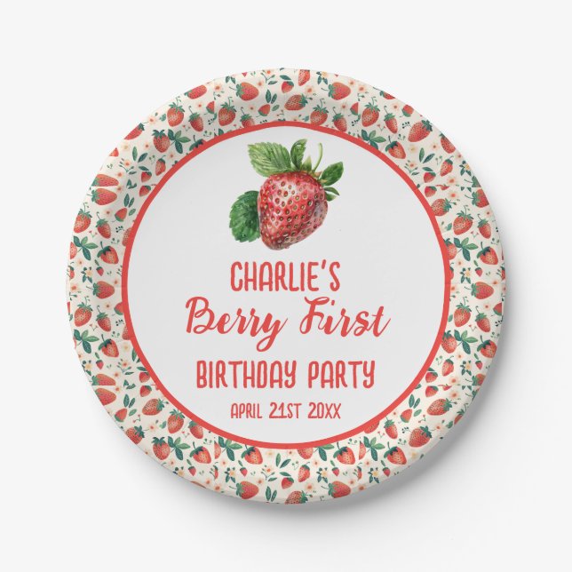 Berry First Strawberry Girl 1. Geburtstag Party Pappteller (Vorderseite)