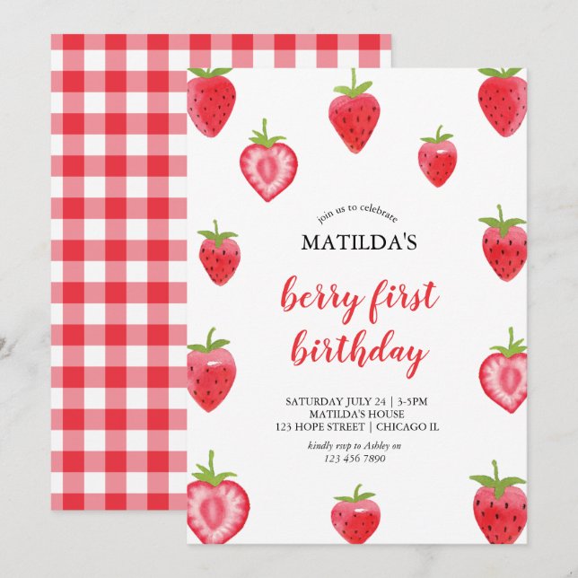 Berry First Strawberry Girl Birthday Einladung (Vorne/Hinten)