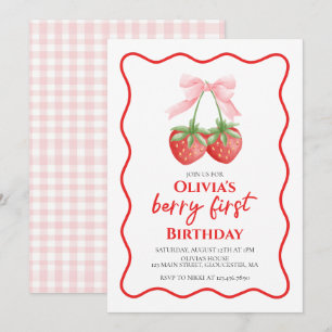 Berry First Strawberry Pink Bow 1. Geburtstag Einladung