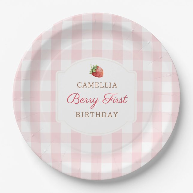 Berry First Strawberry Pink Gingham Birthday Party Pappteller (Vorderseite)