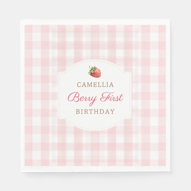 Berry First Strawberry Pink Gingham Birthday Party Serviette (Vorderseite)