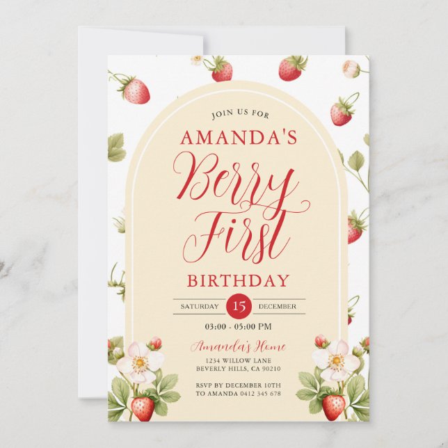 Berry First Strawberry Sweet Birthday Party Floral Einladung (Vorderseite)