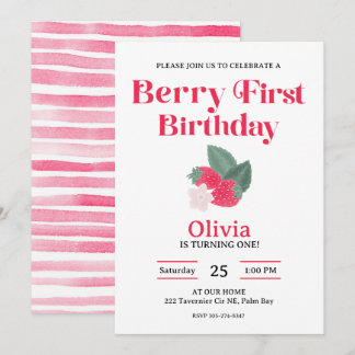 Berry First Strawberry Theme Girls 1. Party Einladung