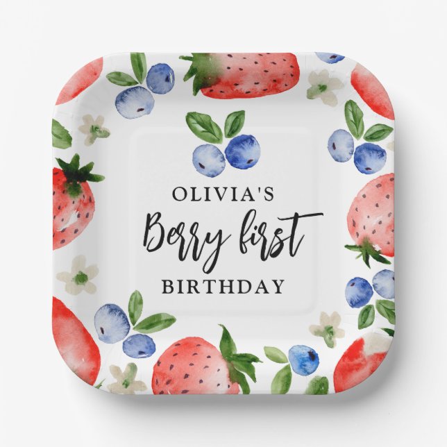 Berry First Strawberry und Blueberry Birthday Pappteller (Vorderseite)