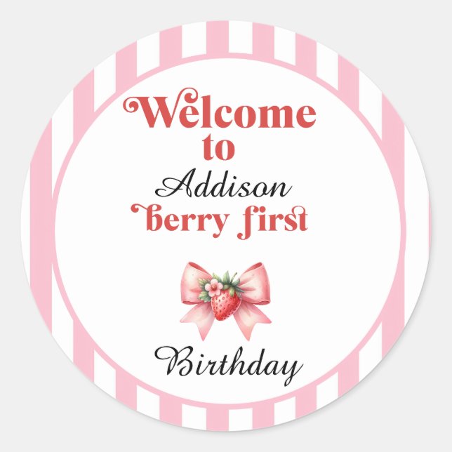 Berry First Strawberry und bow Birthday Runder Aufkleber (Vorderseite)