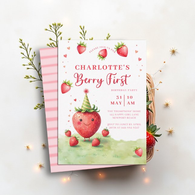 Berry First Süße Erdbeeren-Patch 1. Geburtstag Einladung (berry first birthday party invitation girls cute strawberry 1st watercolor summer farmhouse cottage )