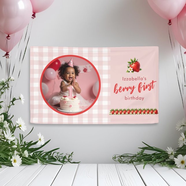 Berry fraise 1ère bannière d'anniversaire (Berry First Strawberry First Birthday Party Wall Banner)