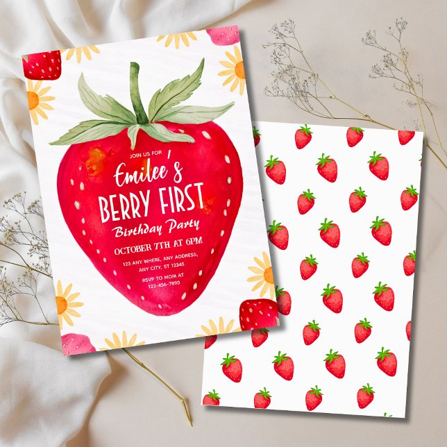 Berry fraise et marguerite Première invitation d'a (Strawberry & Daisy Berry First Birthday Invitation
)