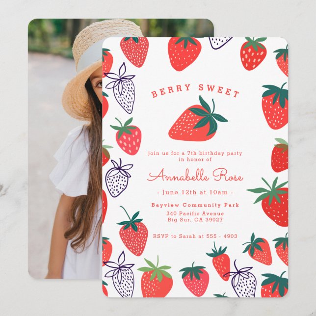 Berry fraise rouge doux Invitation d'anniversaire (Devant / Derrière)