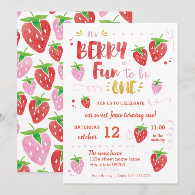 Berry Fun zum ersten Geburtstag Einladung (Vorne/Hinten)