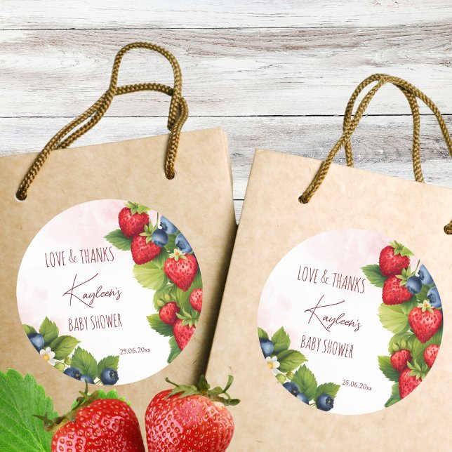 Berry, Heidelbeere, Erdbeere Babydusche Gefallen Runder Aufkleber (Berry sweet blueberry strawberry baby shower thank you favor printed sticker template)