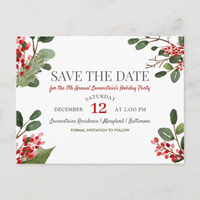 Berry Holly Annual Holiday Party Save the Date Ankündigungspostkarte (Vorderseite)