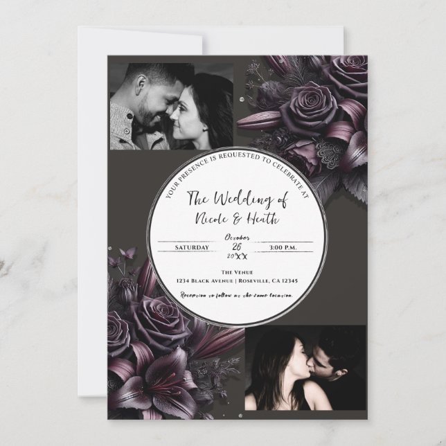 Berry Lila & Black Lily Rose Floral Wedding Einladung (Vorderseite)