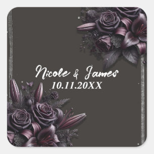 Berry Lila & Schwarze Lilienrose Florale Hochzeit Quadratischer Aufkleber