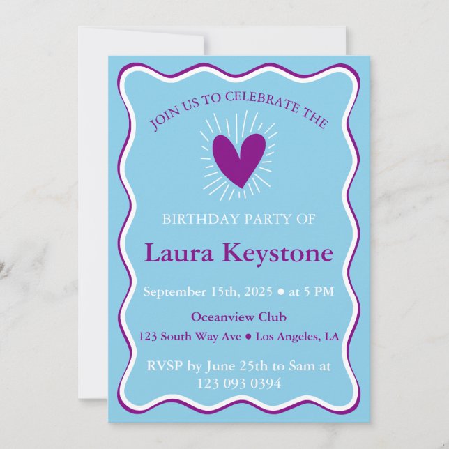 Berry Lila, Sky Blue & White Retro Wavy Einladung (Vorderseite)