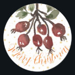 Berry Merry Christmas Sticker<br><div class="desc">Wunderschöne handgemalte Aquarell Rose Angesagte Weihnachtskleber. Ich wünsche dir frohe Weihnachten. Alle Cucumelon Creation Designs sind urheberrechtlich geschützt.</div>
