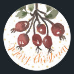 Berry Merry Christmas Sticker<br><div class="desc">Wunderschöne handgemalte Aquarell Rose Angesagte Weihnachtskleber. Ich wünsche dir frohe Weihnachten. Alle Cucumelon Creation Designs sind urheberrechtlich geschützt.</div>