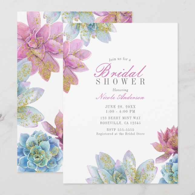 Berry Mint & Gold Garden Succules Brautparty Einladung (Vorne/Hinten)