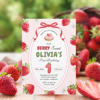 Berry Niedlich Bash Strawberry 1. Geburtstag Einla Einladung